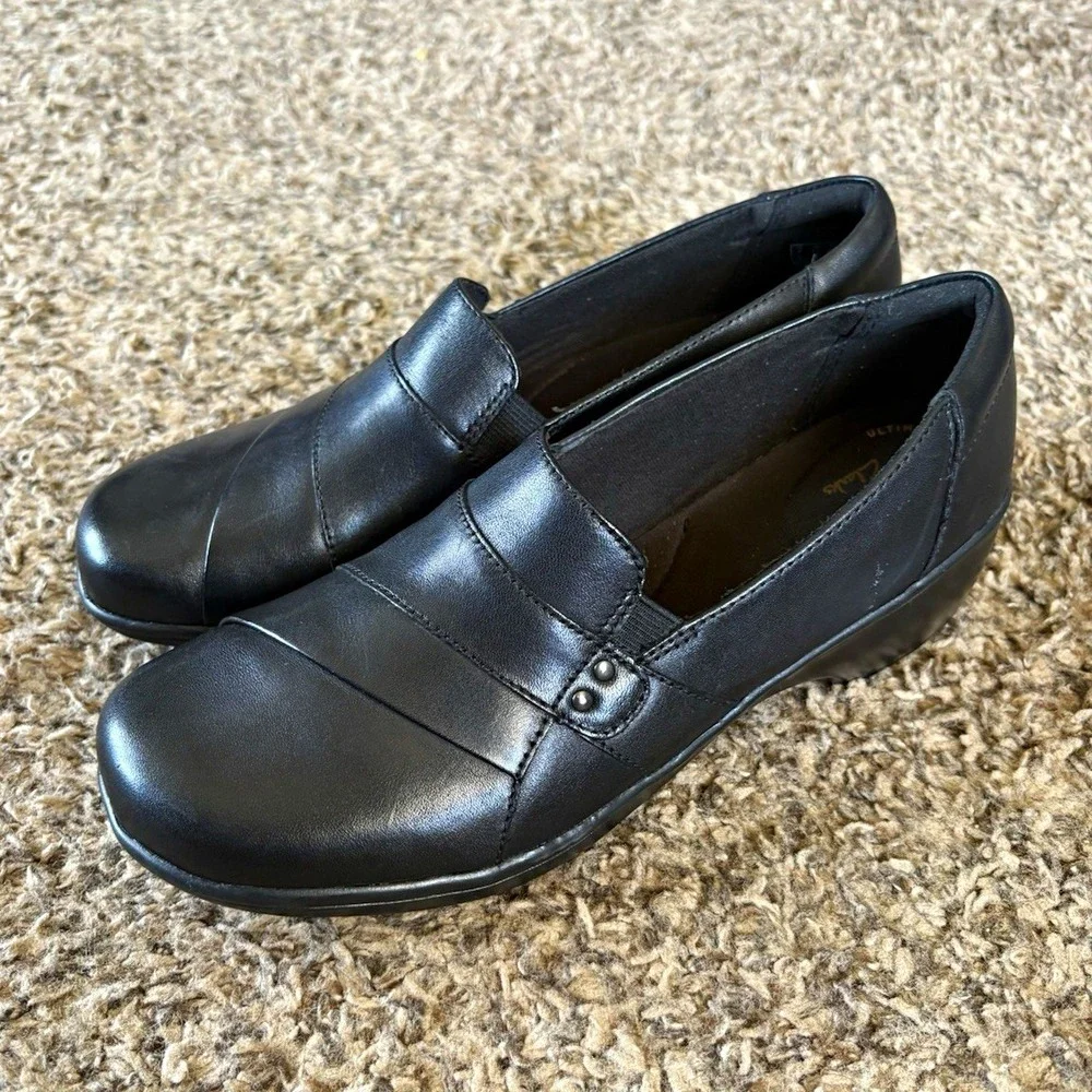 Clarks Collection Black Leather Slip-On Comfort Casual Shoes Women 8.5